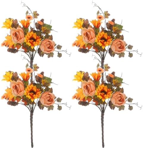 4Pcs Artificial Fall Flowers Bouquet Faux Sunflower and Rose for Fall Decor in Orange
