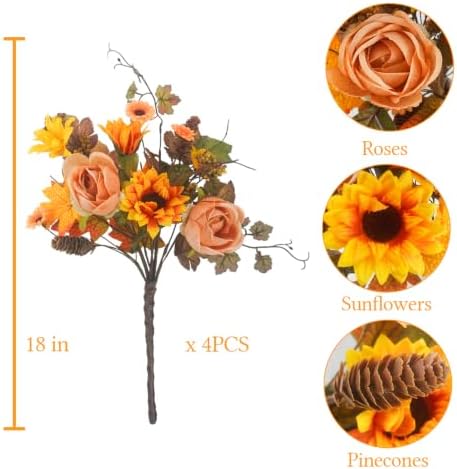 4Pcs Artificial Fall Flowers Bouquet Faux Sunflower and Rose for Fall Decor in Orange, alternate view 2