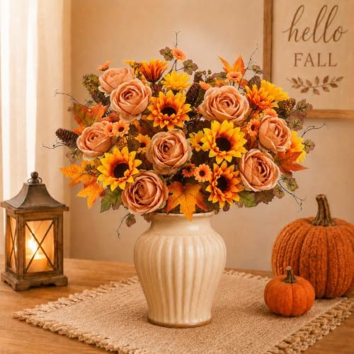 4Pcs Artificial Fall Flowers Bouquet Faux Sunflower and Rose for Fall Decor in Orange, alternate view 3