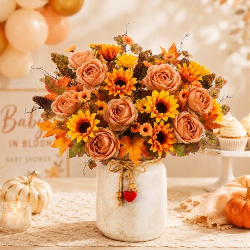 4Pcs Artificial Fall Flowers Bouquet Faux Sunflower and Rose for Fall Decor in Orange, alternate view 5