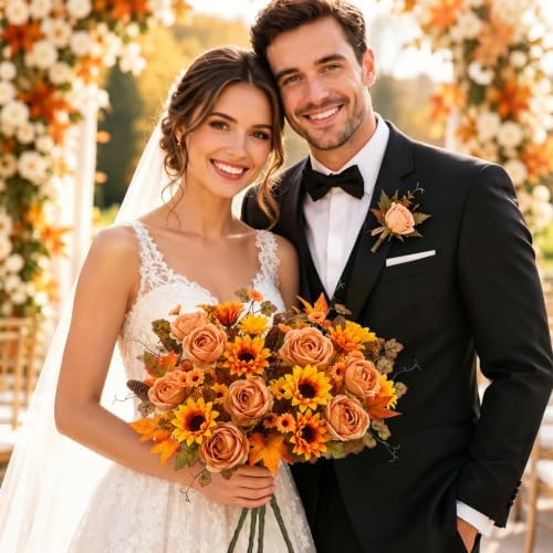 4Pcs Artificial Fall Flowers Bouquet Faux Sunflower and Rose for Fall Decor in Orange, alternate view 6