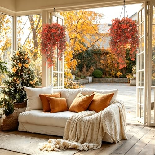 4Pcs Artificial Fall Hanging Plants Orange Monstera Leaves Vine, alternate view 3