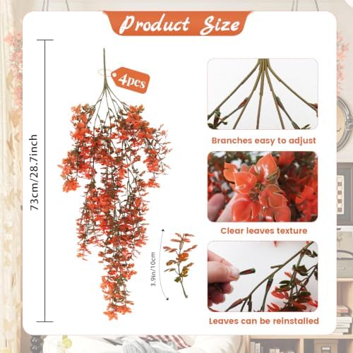 4Pcs Artificial Fall Hanging Plants Orange Monstera Leaves Vine, alternate view 4