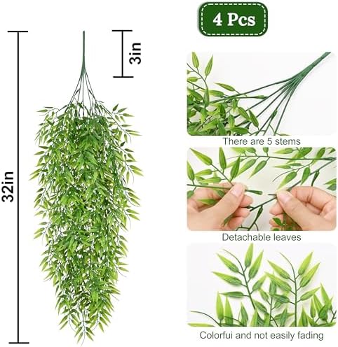 4Pcs Artificial Hanging Plants, Fake Bamboo Leaves Vines, alternate view 3