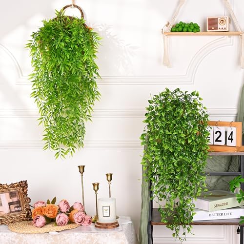 4Pcs Artificial Hanging Plants, Fake Bamboo Leaves Vines, alternate view 5
