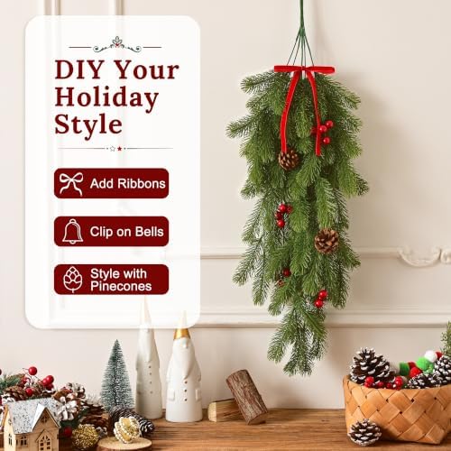 4Pcs Artificial Hanging Plants, Pine Christmas Teardrop Swag, alternate view 6