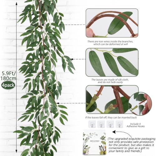 4Pcs Artificial Silk Willow Leaves Vine Twigs 5.9Ft Green Garland, alternate view 4