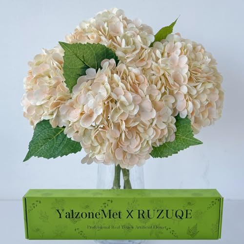 4Pcs Champagne Pink Hydrangea Artificial Flower Natural Lifelike Real Touch 21'' Long Stem Hydrangea Latex