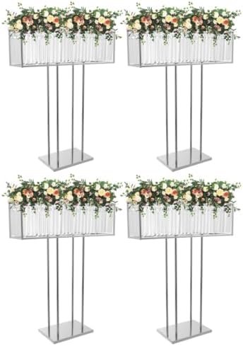 4pcs Crystal Vases for Centerpieces, 35.4 in Tall Metal Square Vase Stand in Silver