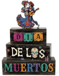 4Pcs Day of the Dead Decorations for Home Wooden Sugar Skull Block Signs in Day.Of.Dead