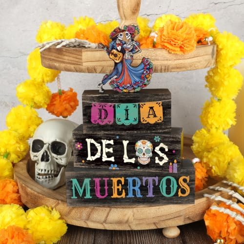 4Pcs Day of the Dead Decorations for Home Wooden Sugar Skull Block Signs in Day.Of.Dead, alternate view 2