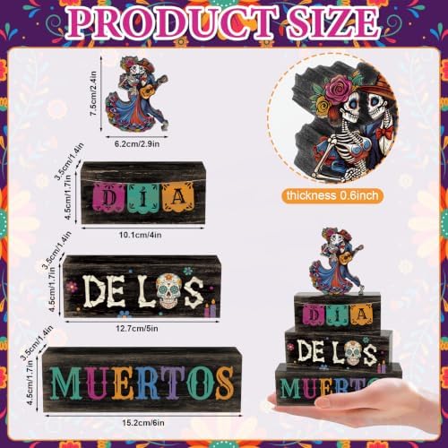 4Pcs Day of the Dead Decorations for Home Wooden Sugar Skull Block Signs in Day.Of.Dead, alternate view 3