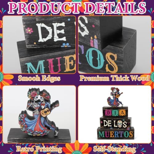 4Pcs Day of the Dead Decorations for Home Wooden Sugar Skull Block Signs in Day.Of.Dead, alternate view 4