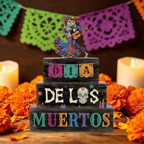 4Pcs Day of the Dead Decorations for Home Wooden Sugar Skull Block Signs in Day.Of.Dead, alternate view 5