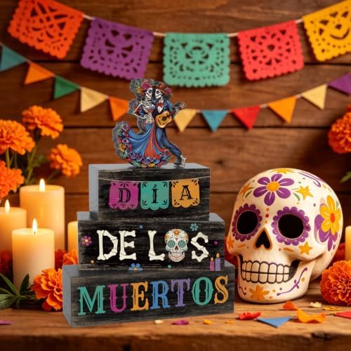 4Pcs Day of the Dead Decorations for Home Wooden Sugar Skull Block Signs in Day.Of.Dead, alternate view 6