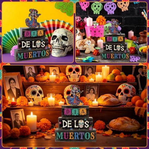 4Pcs Day of the Dead Decorations for Home Wooden Sugar Skull Block Signs in Day.Of.Dead, alternate view 7