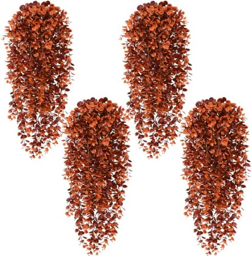 4Pcs Fake Hanging Plants, Red-Brown Eucalyptus Fake Vines Ivy