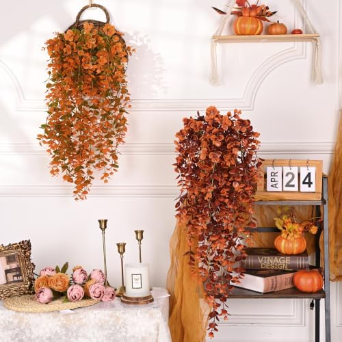 4Pcs Fake Hanging Plants, Red-Brown Eucalyptus Fake Vines Ivy, alternate view 5