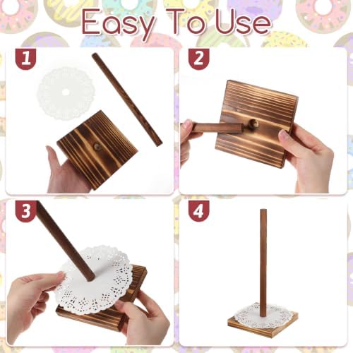 4PCS Farmhouse Donut Stand for Dessert Table Wooden Donut Holder in Rustic Brown, alternate view 5