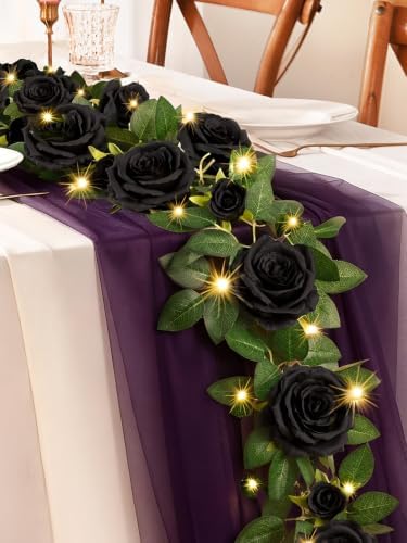 4Pcs Flower Garland with Light, 26.4Ft Realistic Rose Floral Garland, Black in Black