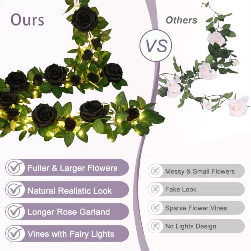 4Pcs Flower Garland with Light, 26.4Ft Realistic Rose Floral Garland, Black in Black, alternate view 4