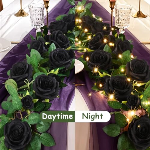 4Pcs Flower Garland with Light, 26.4Ft Realistic Rose Floral Garland, Black in Black, alternate view 5