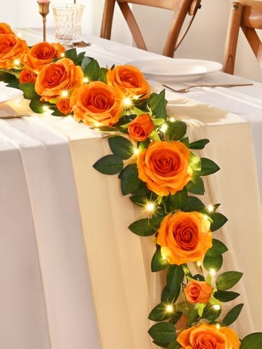 4Pcs Flower Garland with Lights, 26.4Ft Realistic Floral Garland, Orange
