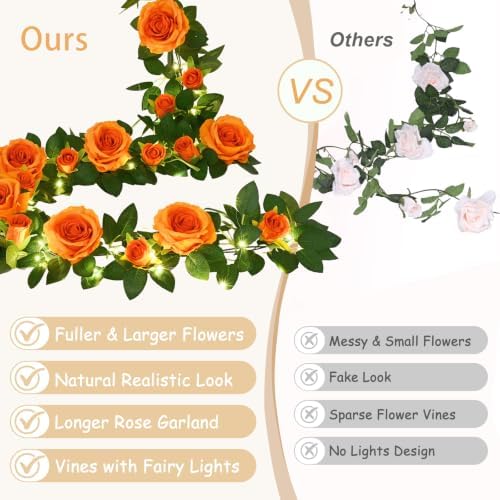 4Pcs Flower Garland with Lights, 26.4Ft Realistic Floral Garland, Orange, alternate view 2