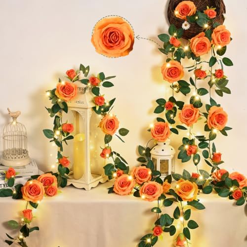 4Pcs Flower Garland with Lights, 26.4Ft Realistic Floral Garland, Orange, alternate view 7