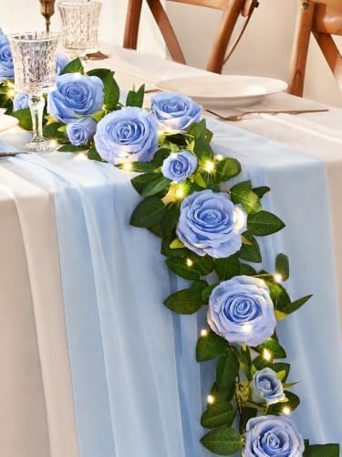 4Pcs Flower Garland with Lights, 26.4Ft Realistic Rose Floral Garland, Blue in Blue