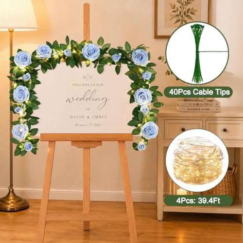 4Pcs Flower Garland with Lights, 26.4Ft Realistic Rose Floral Garland, Blue in Blue, alternate view 5