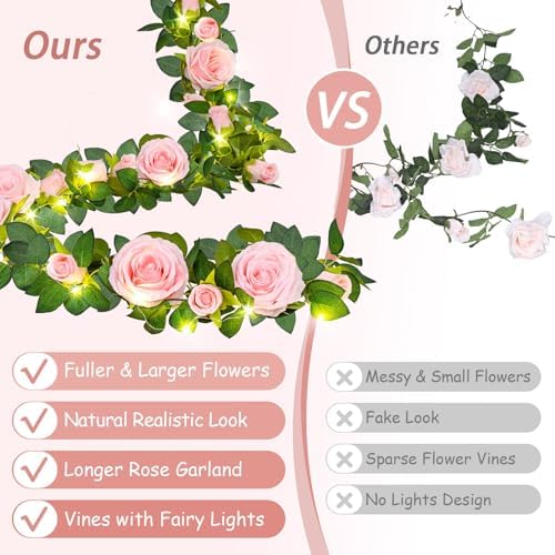 4Pcs Flower Garland with Lights, 26.4Ft Realistic Rose Floral Garland, Pink in Pink, alternate view 4