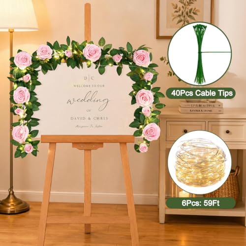 4Pcs Flower Garland with Lights, 26.4Ft Realistic Rose Floral Garland, Pink in Pink, alternate view 5