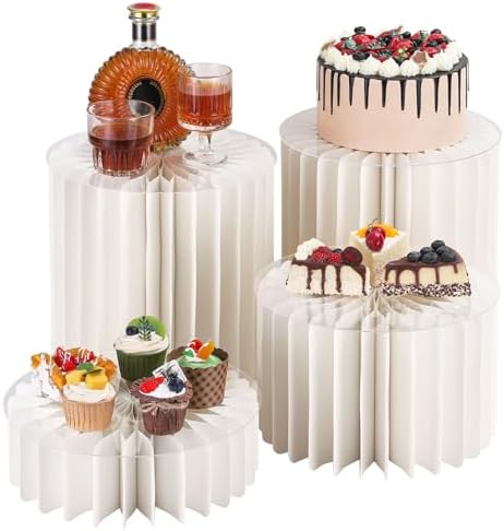 4pcs Foldable Accordion Buffet Risers Cylinder White Cardboard Desserts Stands with Acrylic Plates Multi-Height