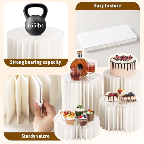 4pcs Foldable Accordion Buffet Risers Cylinder White Cardboard Desserts Stands with Acrylic Plates Multi-Height, alternate