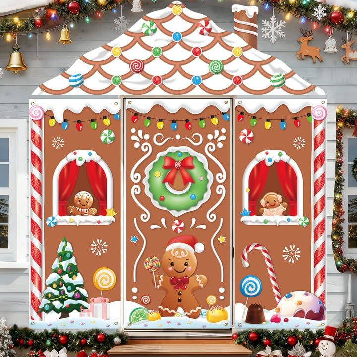 4pcs Gingerbread House Door Cover Decorations, Christmas Gingerbread Door Banner Backdrop for Christmas Holiday