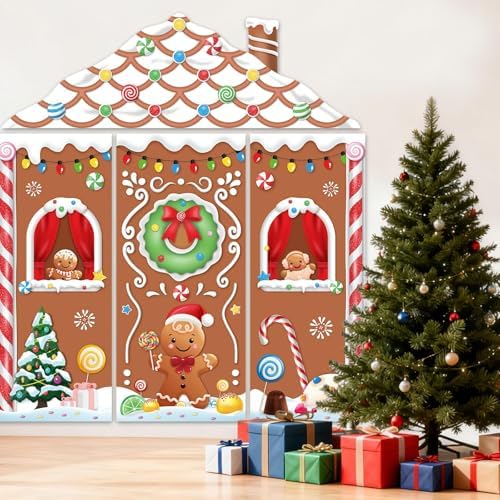 4pcs Gingerbread House Door Cover Decorations, Christmas Gingerbread Door Banner Backdrop for Christmas Holiday, alternate
