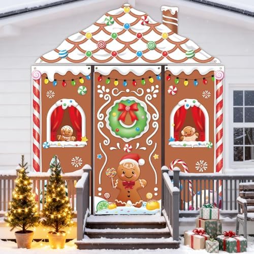 4pcs Gingerbread House Door Cover Decorations, Christmas Gingerbread Door Banner Backdrop for Christmas Holiday, alternate