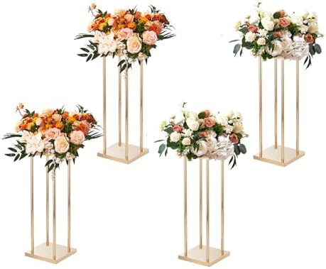 4PCS Gold Metal Column Wedding Flower Stand, 23.6inch High With Metal Laminate, Vase Geometric Centerpiece