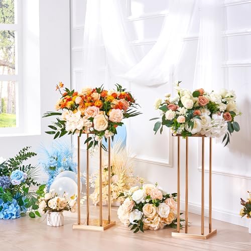 4PCS Gold Metal Column Wedding Flower Stand, 23.6inch High With Metal Laminate, Vase Geometric Centerpiece, alternate view 2