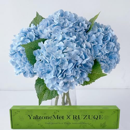 4Pcs Light Blue Hydrangea Artificial Flower Natural Lifelike Real Touch 21 inch Long Stem Hydrangea Latex Flower
