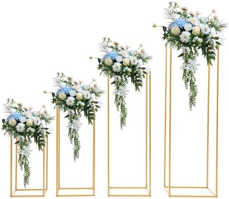 4PCs Metal Wedding Flower Stand, Gold Table Centerpiece Different Sizes Pillar Geometric Vase Flower Rack for