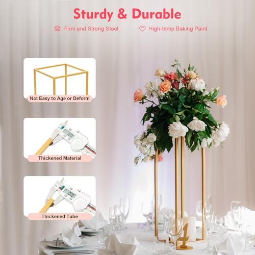 4PCs Metal Wedding Flower Stand, Gold Table Centerpiece Different Sizes Pillar Geometric Vase Flower Rack for, alternate view