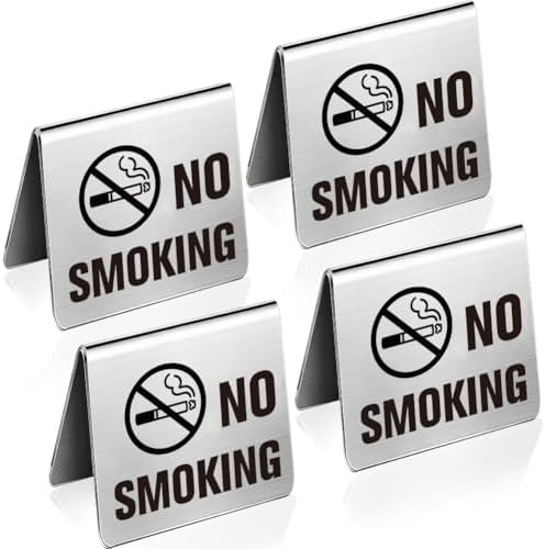 4Pcs No Smoking Table Sign 1.97 x 1.97 Inch Stainless Steel Tent Signs No Smoking Double Sided Table Top Warning