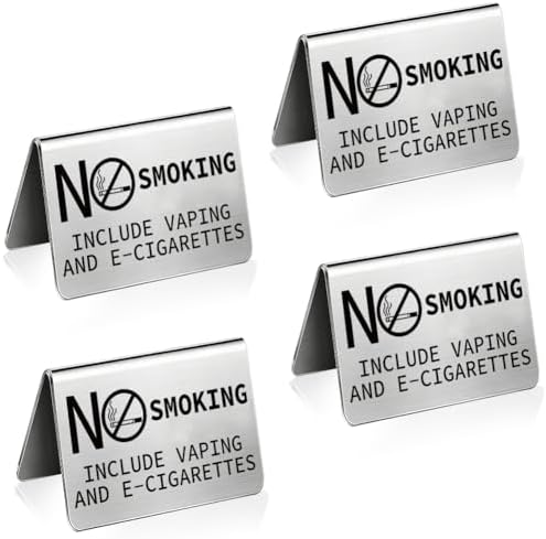 4Pcs No Smoking Table Sign 3.94 x 2.36 Inch Tent Sign Tabletop Stainless Steel No Smoking No Vaping Double Sided