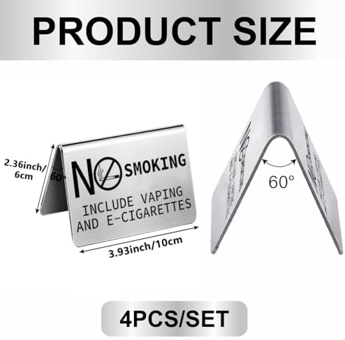 4Pcs No Smoking Table Sign 3.94 x 2.36 Inch Tent Sign Tabletop Stainless Steel No Smoking No Vaping Double Sided, alternate