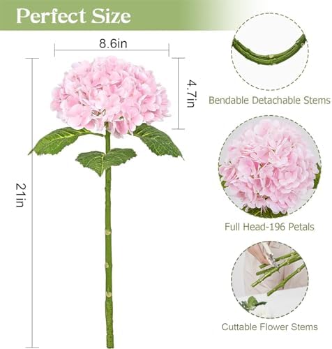 4Pcs Real Touch Hydrangea Artificial Flowers, Pink & White Fake Hydrangea Flowers, 21" Lifelike Latex Faux, alternate view 3