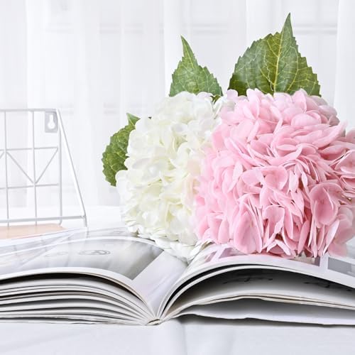 4Pcs Real Touch Hydrangea Artificial Flowers, Pink & White Fake Hydrangea Flowers, 21" Lifelike Latex Faux, alternate view 4