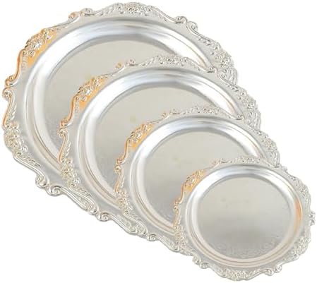 4PCS Round Decorative Metal Coffee Table Trays, Silver, 3.9in-9.8in in 3.9in-9.8in in Silver