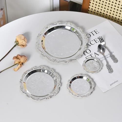 4PCS Round Decorative Metal Coffee Table Trays, Silver, 3.9in-9.8in in 3.9in-9.8in in Silver, alternate view 7